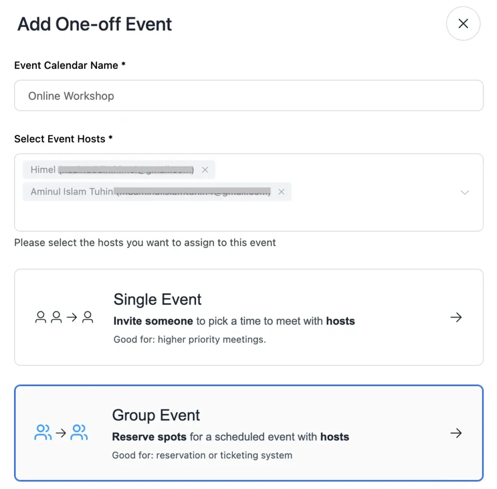 fluentbooking one-off event feature 